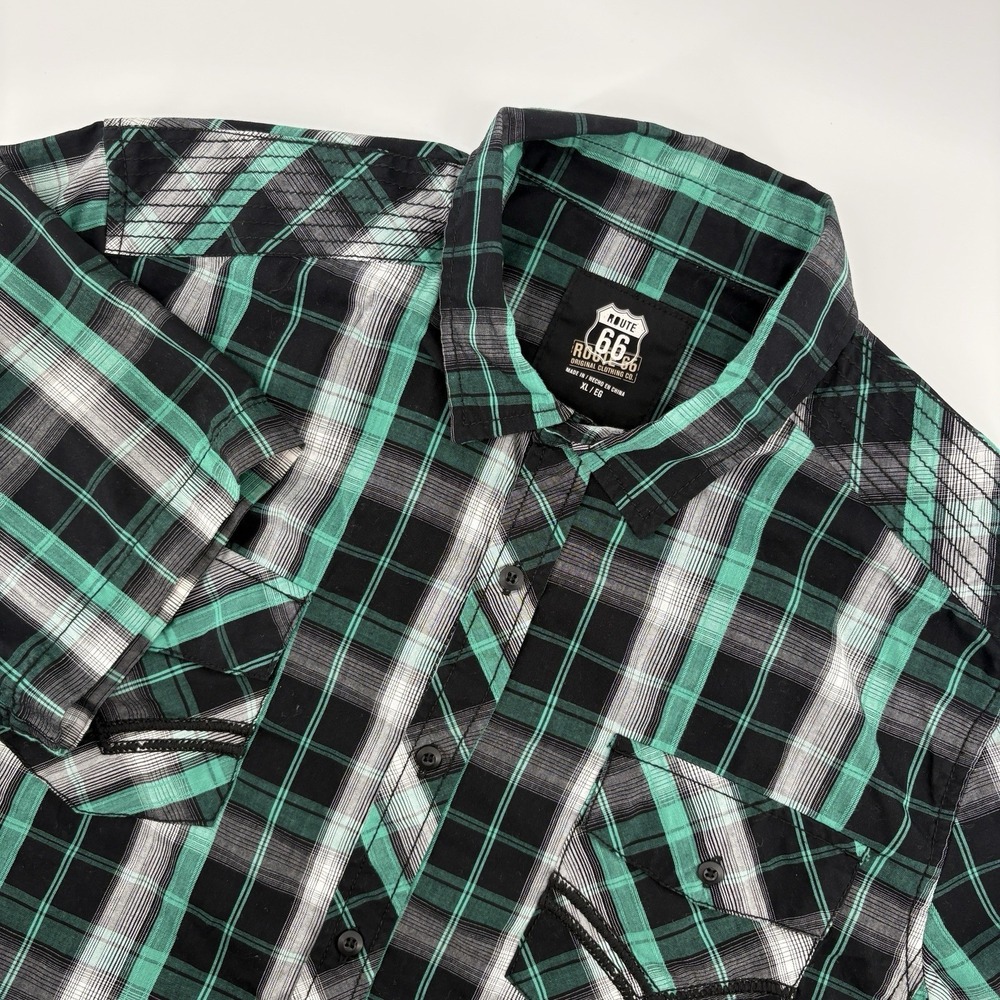 Route 66 Button Down Shirt Mens XL Green Plaid Short Sleeve Excellent 10330